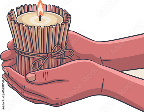 Hands holding a rustic candle wrapped in twigs, warm light and cozy atmosphere, relaxation concept, still life