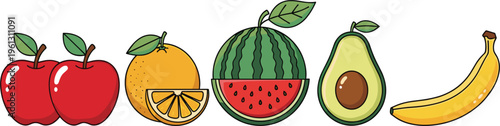 Healthy fruit vector icon set. Flat illustrations of red apples, orange with slice, watermelon half, avocado, and banana for organic food and grocery branding.