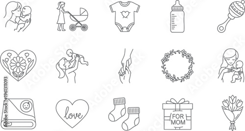 Collection of black outline icons symbolizing motherhood parenting and celebrating mother's day with baby care items and affection