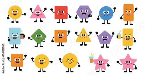 Cute, vector collection of geometric characters including smiling circles, squares, triangles, stars, and polygons, perfect for preschool learning, kids activities, and nursery decoration.