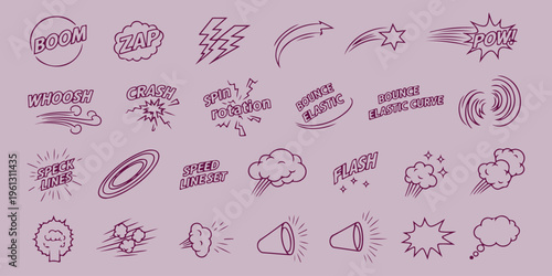 A vibrant collection of comic book style illustrations and words on a purple background