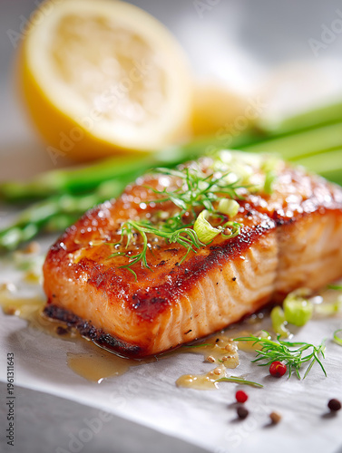Grilled salmon fillet with lemon and asparagus healthy seafood dinner