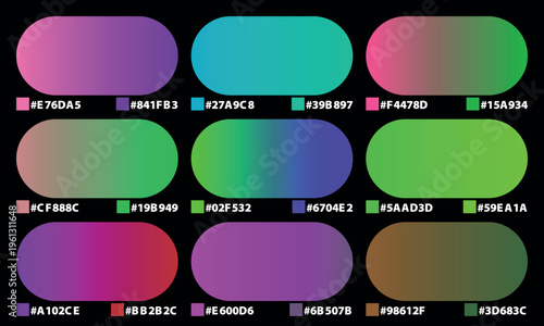 Vibrant gradient color palette set with hex codes, modern UI design elements on black background, 9 colorful pill shapes for web and app development