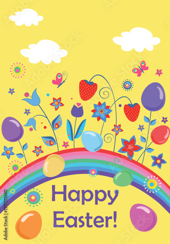 Funny greeting easter vertical card with abstract flowers, colorful Eggs and rainbow