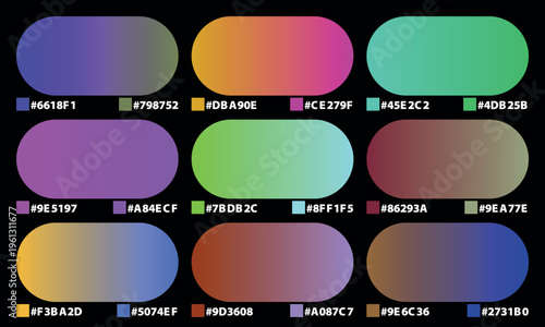 Modern gradient color palette set with hex codes, vibrant UI design swatches for web and mobile apps, 9 colorful vector gradient buttons on black background