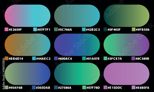 Modern gradient color palette collection, set of 9 vibrant mesh gradients with hex codes, professional UI design swatches for web and mobile apps