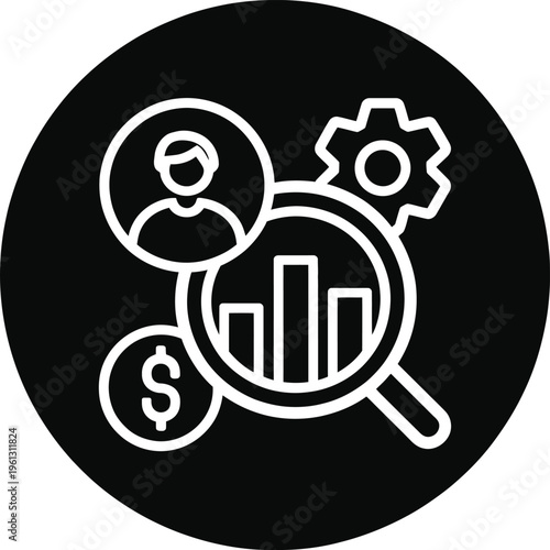 market research vector icon design, minimalist magnifying glass and chart symbol in clean line art style, representing business analysis, consumer insights, and data-driven decision making for logo br