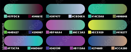 Modern gradient color palette collection with hex codes, set of 9 vibrant color swatches for UI design, professional digital color guide vector
