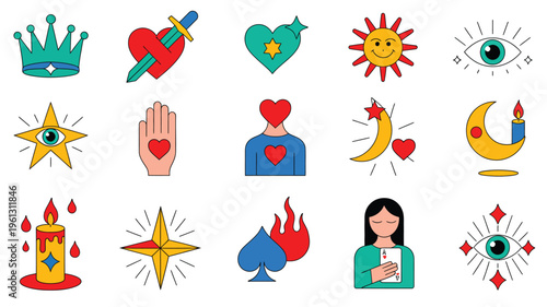 Esoteric, vintage mystical tattoo icons including sacred heart, sword, sun, moon crescent, third eye, crown, and tarot symbols, perfect for occult, spiritual, and alternative art concepts.