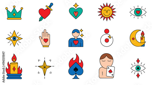 Esoteric, mystical tattoo icon set featuring sacred heart, sword, celestial sun, crescent moon, third eye, crown, and tarot symbols in bold vintage style for spiritual and occult design.