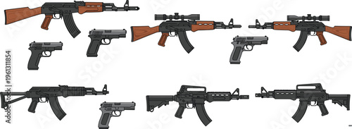 Hand Drawn Modern Tactical Weapon and Firearm Vector Icon Set Featuring Assault Rifles Sniper Rifles and Pistols for Security and Action Graphic Designs