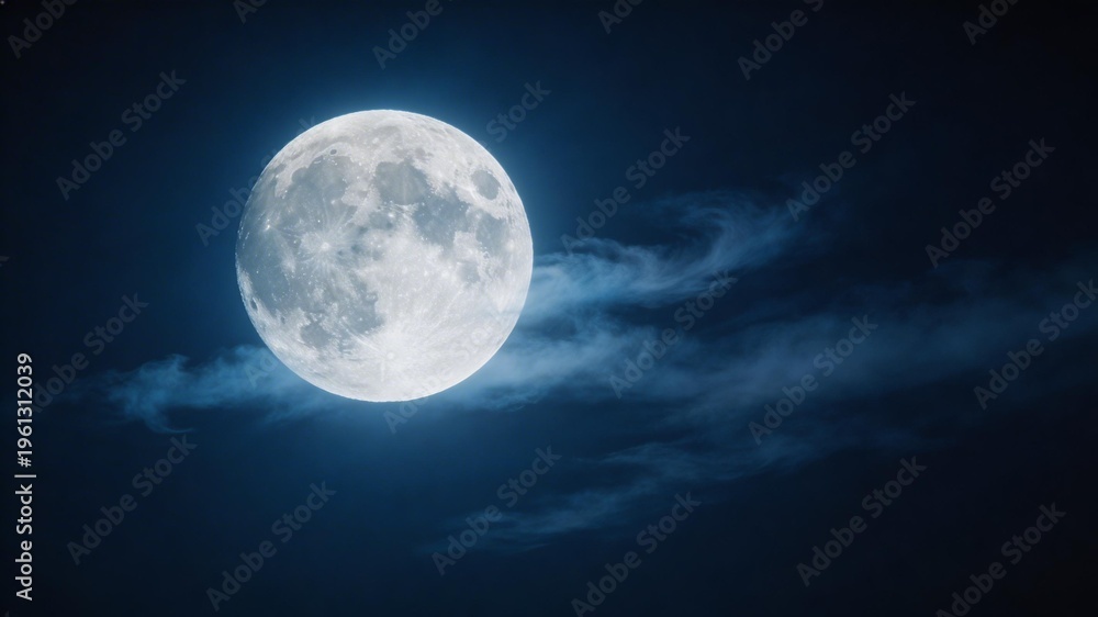 Fototapeta premium Full moon glowing in night sky with wispy clouds 