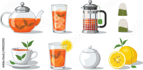 Hand Drawn Tea Service and Lemon Beverage Vector Icon Set Featuring Teapot French Press Iced Tea and Citrus for Cafe and Kitchen Graphic Designs
