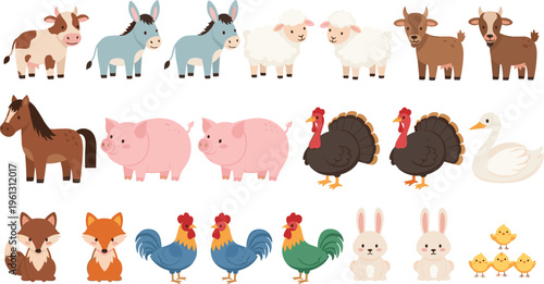 Large Collection of Cute Farm Animal Vector Illustrations Featuring Cow Pig Horse Sheep Goat Chicken and Fox Characters for Kids Educational Design