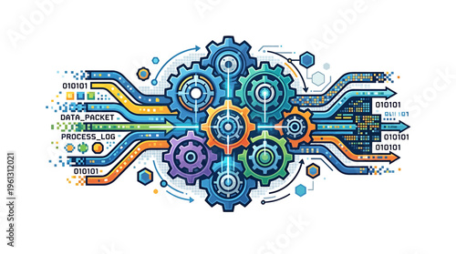 Abstract Illustration of Interconnected Gears and Data Streams Representing Automation and Digital Processes