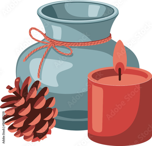 Blue vase tied with red ribbon, pine cone, and red candle, cozy winter home decor arrangement, still life