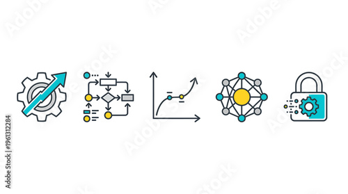 Comprehensive collection of vibrant line art icons depicting key concepts in business strategy, data analytics, process optimization, network security, and technological growth for digital projects