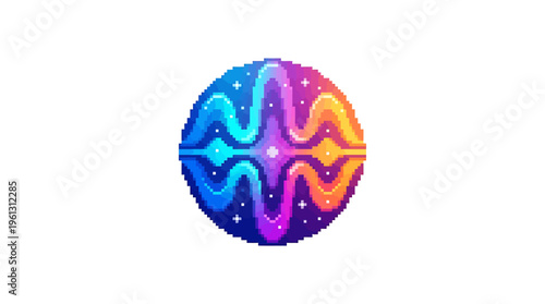 Pixelated sphere with vibrant, glowing wave pattern, cosmic nebula, and stardust, representing sound waves or energy