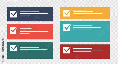 Rectangular boxes with checkmarks and lines on a transparent background.