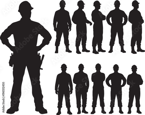 Black silhouettes of construction workers in various poses