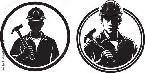 Construction worker holding hammer in circle hard hat