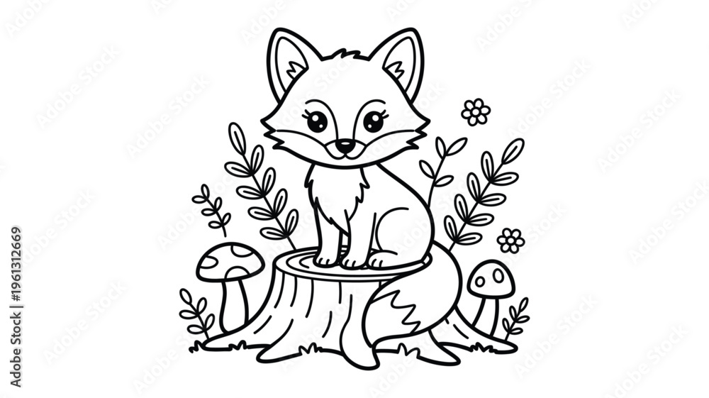 Obraz premium A cute cartoon fox sitting on a tree stump surrounded by mushrooms and flowers