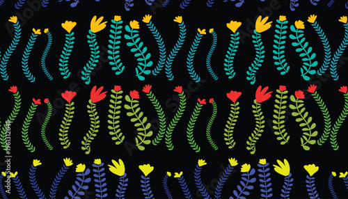 Seamless pattern of stylized flowers and leaves on black background
