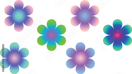 Six colorful gradient flowers on white background pastel