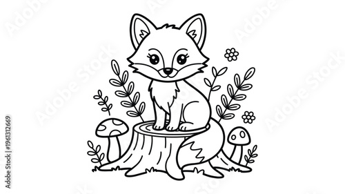 A cute cartoon fox sitting on a tree stump surrounded by mushrooms and flowers