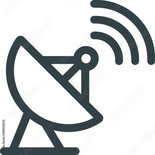 satellite dish icon, minimalist communication symbol in clean line art design, representing signal transmission, broadcast, and wireless technology for logo branding, app interfaces, and digital graph