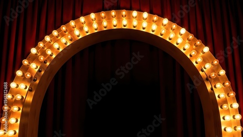 Illuminated marquee arch with glowing vintage light bulbs against red theater curtains