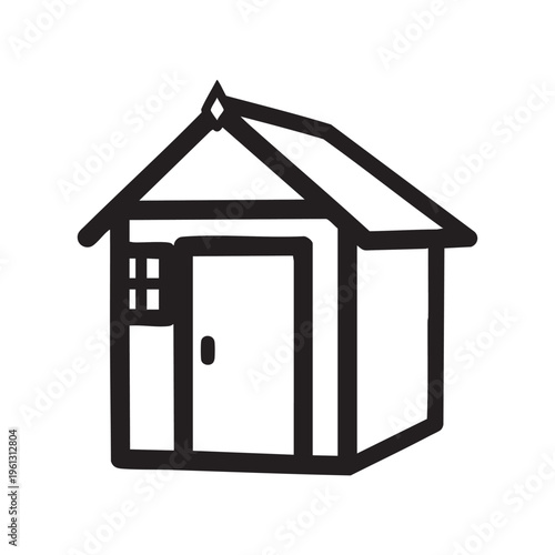 A line drawing of a simple garden shed with a door and window outlined clearly