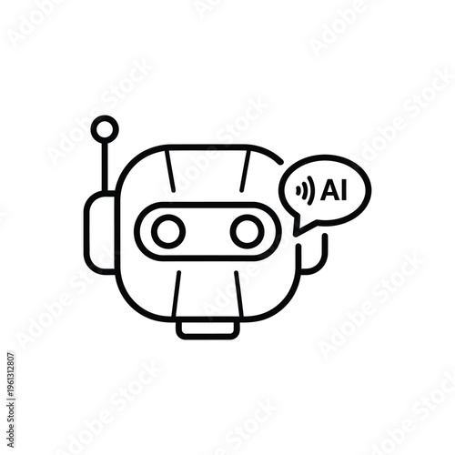 Artificial intelligence robot head icon with ai speech bubble thin line vector illustration smart technology bot assistant symbol for chat service digital software and future automation.