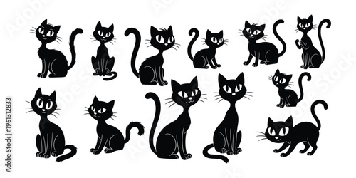 Black cat silhouette collection featuring various poses including sitting standing and playing for halloween decorations and animal lovers design projects with cute cartoon style characters.