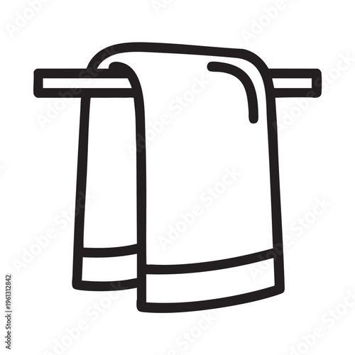 An outline illustration of a hand towel hanging on a rack indoors.