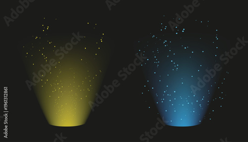 Yellow and blue light bursts with floating particles