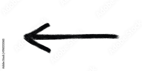 black grunge brush stroke arrow pointing left on transparent background, showing textured paint effect and directionality.