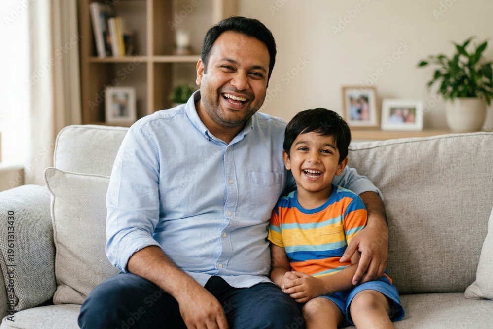 Fototapeta premium Indian Father Son Laughing Together Home Lifestyle