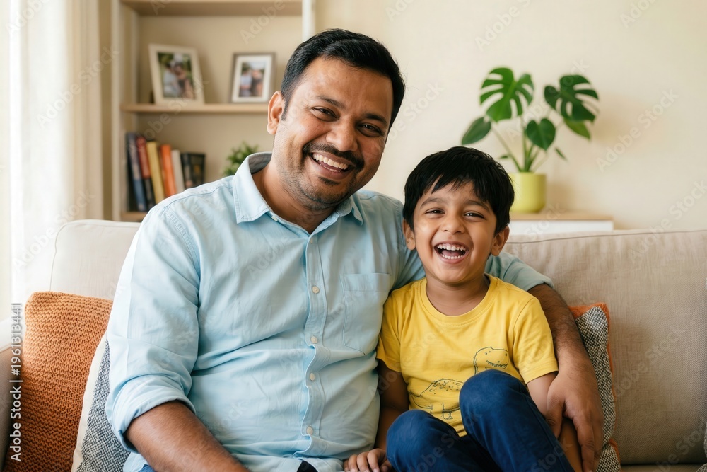 Obraz premium Indian Father Son Laughing Together Home Lifestyle