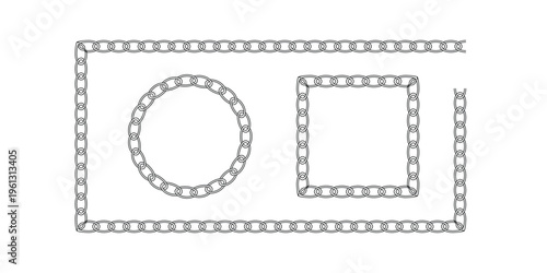 Chain brushes set with circle square rectangle and straight line borders vector illustration metal link elements for frames decorative jewelry patterns isolated outline icons for design.