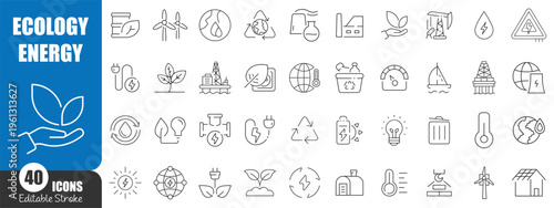 Ecology and Green Energy Line Icons Set – Renewable Power, Sustainability and Environmental Technology Outline Vector Collection