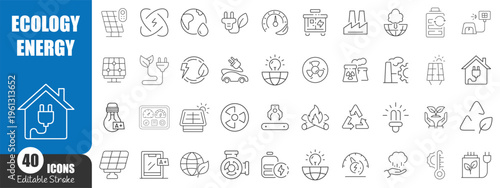 Ecology and Renewable Energy Line Icons Set – Green Power, Sustainability and Environmental Technology Outline Vector Collection