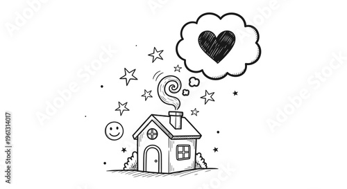 Hand Drawn House with Heart Thought Bubble, Smoke from Chimney, and Stars in Outdoor Setting, Isolated White Background