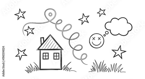 Hand Drawn House with Frowning Emoji Thought Bubble and Stars, Grass in Outdoor Setting, Isolated White Background