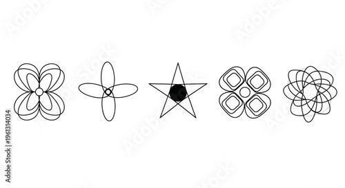 Abstract Geometric Line Art Shapes Including Simplified Flower and Star Motifs on Isolated White Background