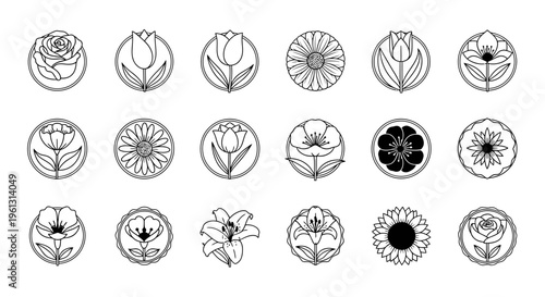 Collection of Circular Outline and Filled Floral Icons on Isolated White Background