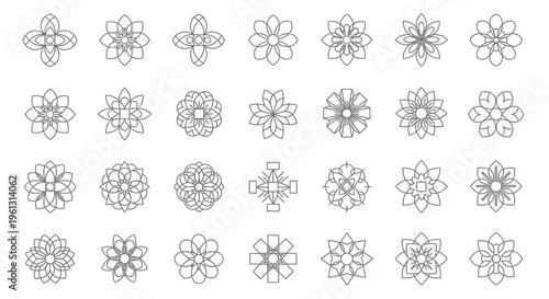 Large Collection of Intricate Geometric Outline Flower and Mandala Designs on Isolated White Background