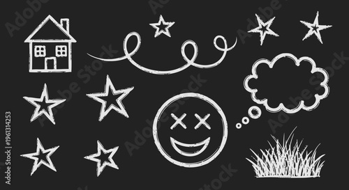 Hand-drawn doodle collection with house, swirl, stars, unhappy face and grass on a black chalkboard background.