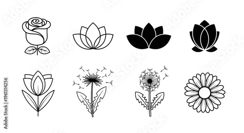 Diverse Collection of Black and Outline Flower Icons Featuring Rose, Lotus, Dandelion, Daisy, and Tulip on Isolated White Background