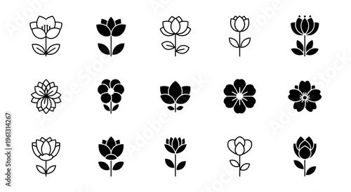 Extensive Grid of Black and Outline Flower Icons Collection on Isolated White Background